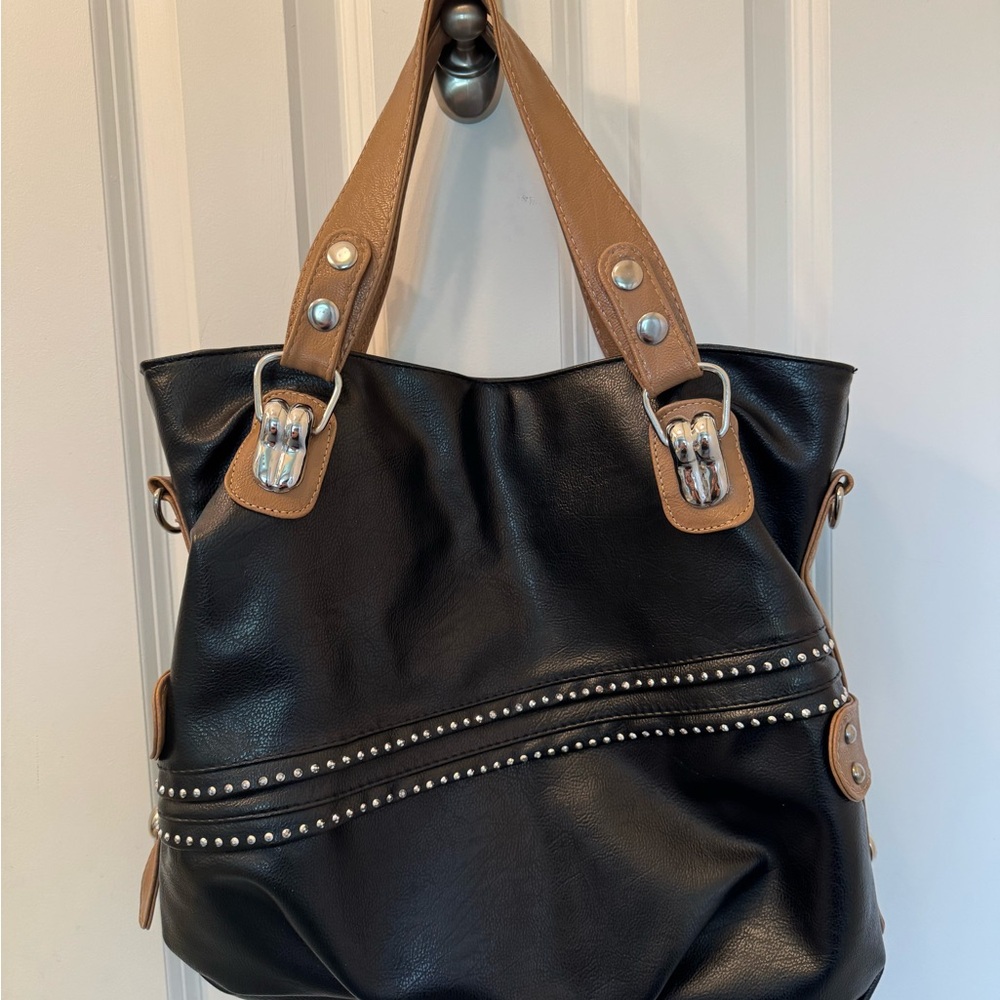 New Chic Black and Tan Tote with Silver Accents